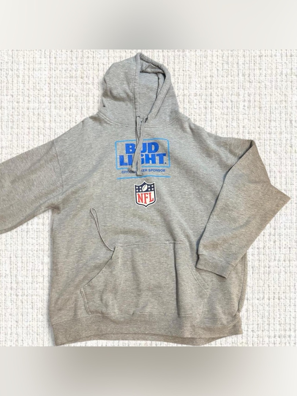 Gray hoodie with blue Bud Light logo and NFL shield logo — Men’s XXL